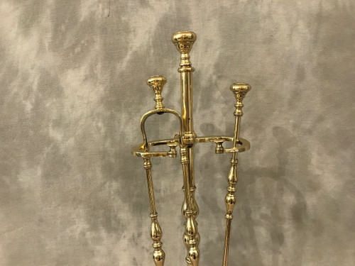 Serviteur de cheminée ancien en laiton d'époque 19 ème comprenant une pelle et une pince 