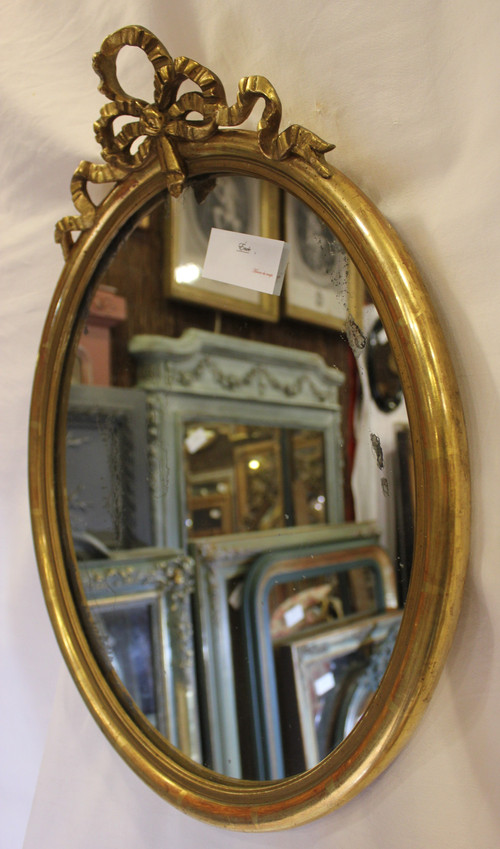 Specchio Ovale In Legno Dorato, Modanatura A Mezzo Giunto, Nodo Luigi XVI 42 X 58 Cm