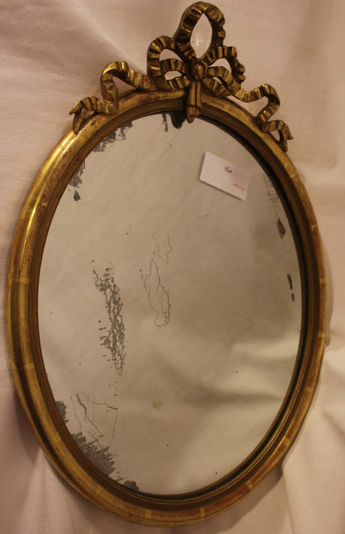 Specchio Ovale In Legno Dorato, Modanatura A Mezzo Giunto, Nodo Luigi XVI 42 X 58 Cm