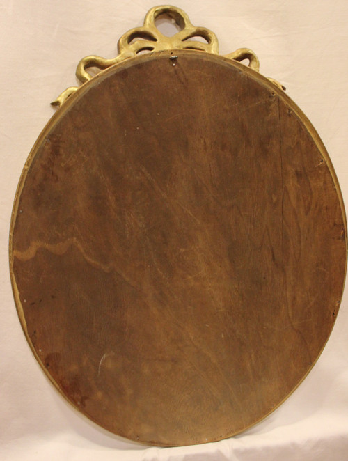 Specchio Ovale In Legno Dorato, Modanatura A Mezzo Giunto, Nodo Luigi XVI 42 X 58 Cm