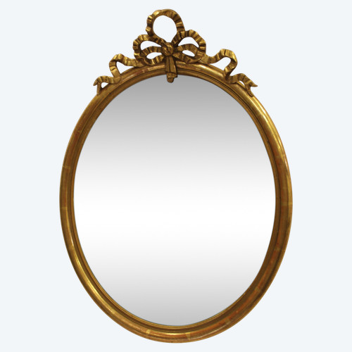 Oval Golden Wood Mirror, Half-rush Molding, Louis XVI Knot 42 X 58 Cm