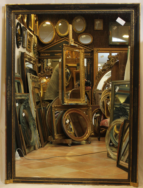 Großer antiker Kaminspiegel, Empire-Form, schwarze und goldene Patina, 113 x 153 cm