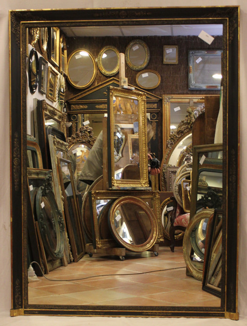 Großer antiker Kaminspiegel, Empire-Form, schwarze und goldene Patina, 113 x 153 cm