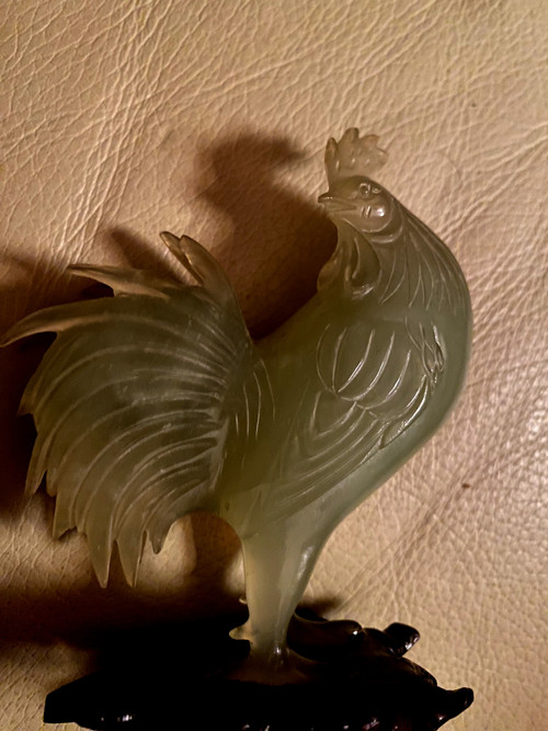 Très belle paire de coqs en jade vert amande sur socle bois  précieux sculpté ajouré Chinois