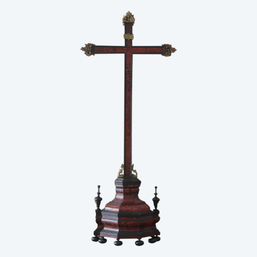 18th century style altar cross in blackened wood and tortoise shells