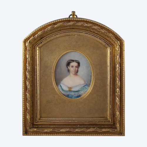 Miniatura dipinta di Louise Besnard (1816-1879) e cornice in bronzo dorato Picart