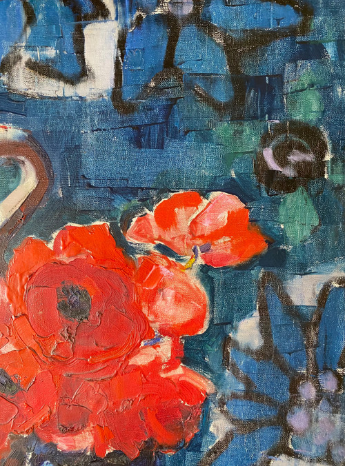 Clémence Biron. “Bouquet of anemones or red poppies”. Oil On Canvas Early 20th Century.