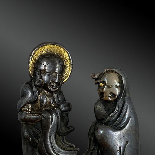 Pair of menuki with monk motif, signed - Japan - 19th century