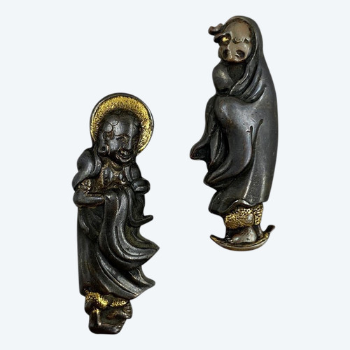 Pair of menuki with monk motif, signed - Japan - 19th century