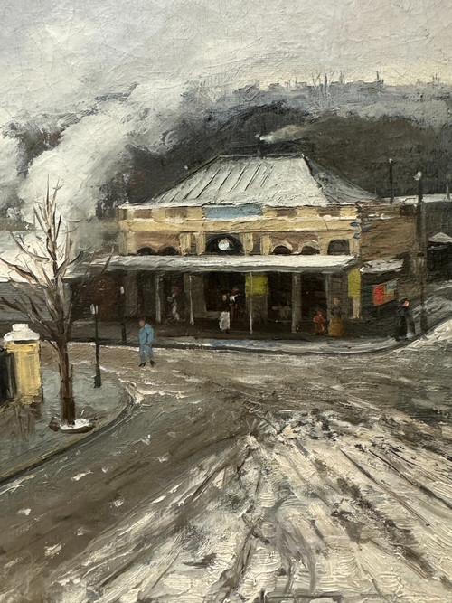 Ernest Lipinski (xix-xx) - Paris, Busy Station Under the Snow, 1890