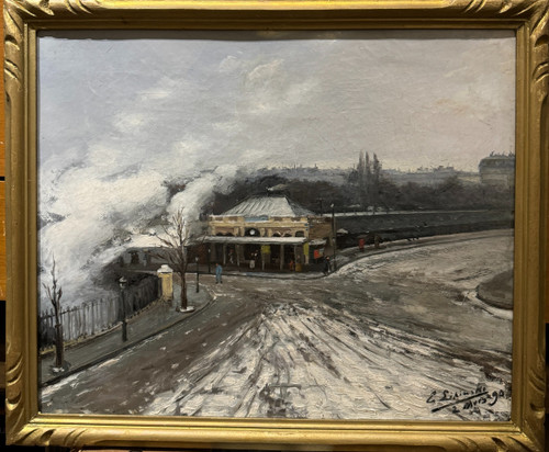 Ernest Lipinski (xix-xx) - Paris, Busy Station Under the Snow, 1890