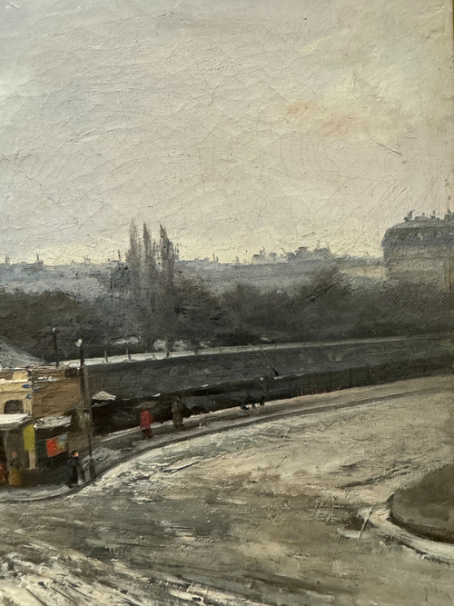 Ernest Lipinski (xix-xx) - Paris, Busy Station Under the Snow, 1890