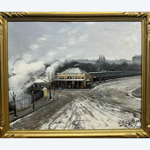 Ernest Lipinski (xix-xx) - Paris, Busy Station Under the Snow, 1890