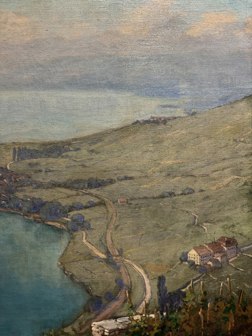 André Engel (1880-1942) - Ecole Suisse, Vue Aérienne Du Lac Léman, 1913