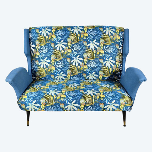 2-Seater Bench in Azure Blue Fabric – 1940s