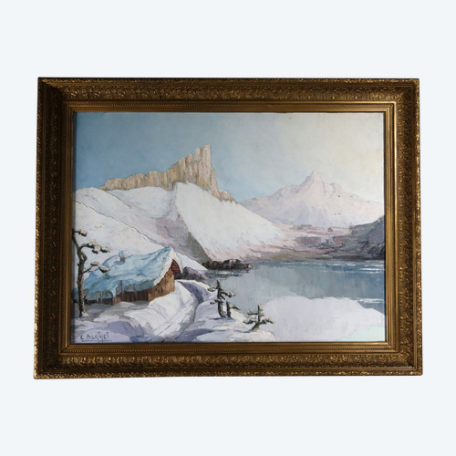 Dipinto "Paesaggio di montagna sotto la neve) firmato C.Berthet