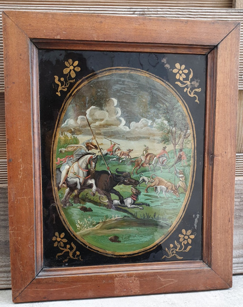 Büffeljagd, unter Glas fixiert, indo-portugiesisch/philippinisch? 18. Jahrhundert