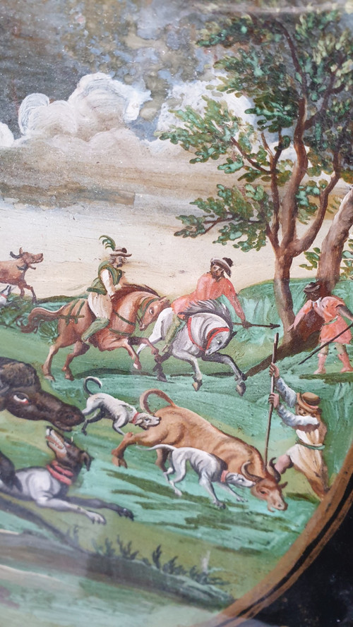 Büffeljagd, unter Glas fixiert, indo-portugiesisch/philippinisch? 18. Jahrhundert