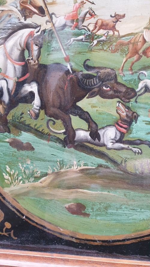 Büffeljagd, unter Glas fixiert, indo-portugiesisch/philippinisch? 18. Jahrhundert