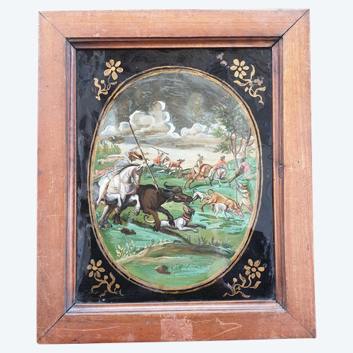 Buffalo hunting, fixed under glass, Indo-Portuguese / Filipino? 18th century