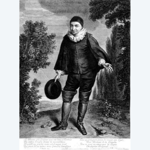 Full-length portrait of the actor Raymond Poisson in the role of Crispin, etching, 17th century