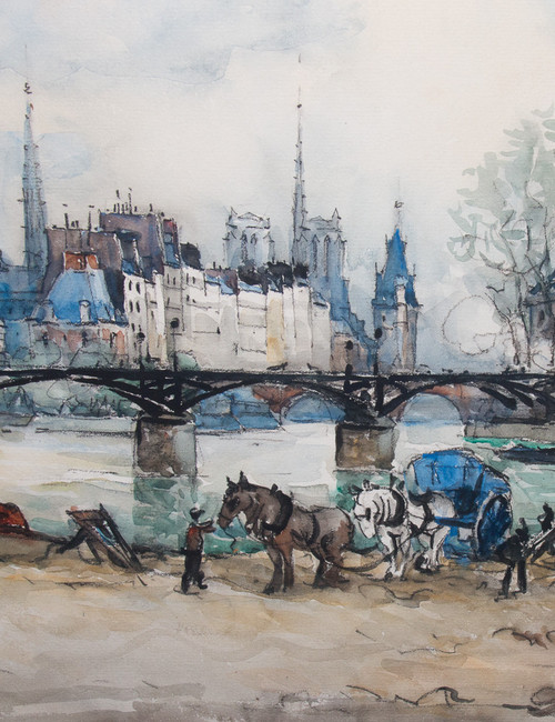 Watercolor "Le Pont Des Arts" Paris, Signed Frank Will 1929