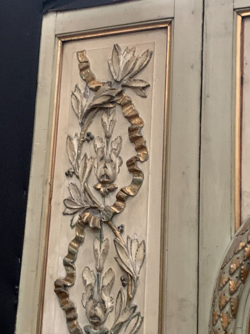 19th century patinated and gilded wood and stucco fireplace mirror