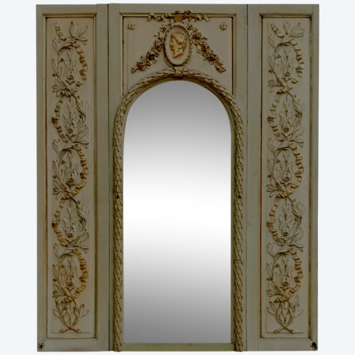 19th century patinated and gilded wood and stucco fireplace mirror