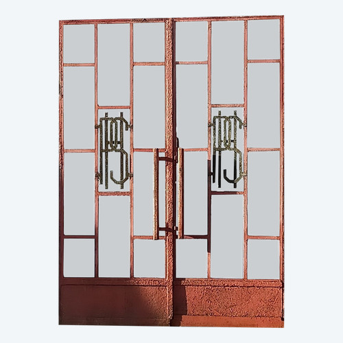 2 Doubles Portes Vitrées Anciennes 220x163 Fer Forgé Fenêtre Métal Porte Grille Magasin Atelier