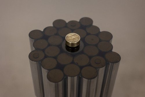 Chromed metal "organ" pedestal table. Circa 1970.