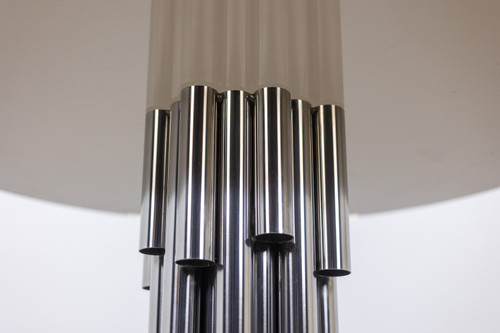Chromed metal "organ" pedestal table. Circa 1970.