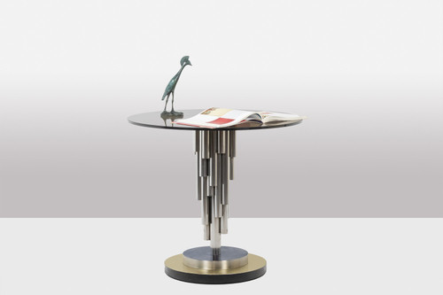 Chromed metal "organ" pedestal table. Circa 1970.
