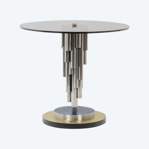 Chromed metal "organ" pedestal table. Circa 1970.