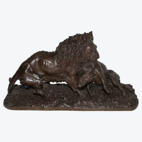 Lion Entraînant Un Sanglier Daté 1836 Christophe Fratin 