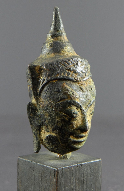Thailand, 19. Jahrhundert oder früher, Buddha-Kopf aus Bronze Ayutthaya-Stil.