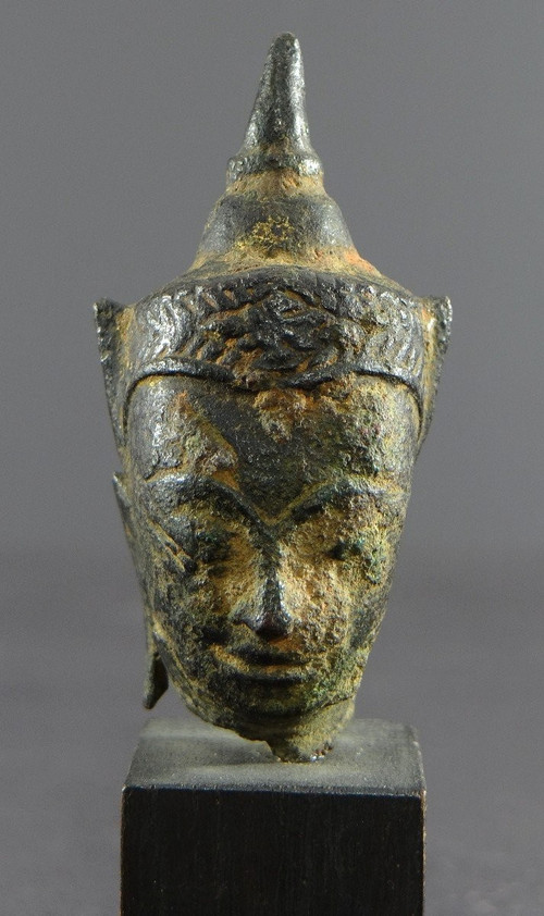 Thailand, 19. Jahrhundert oder früher, Buddha-Kopf aus Bronze Ayutthaya-Stil.