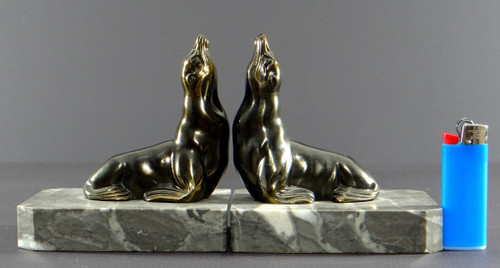 France, Années 1930/1950, Paire De Serre-livres En Fonte D’art Figurant Des Otaries.