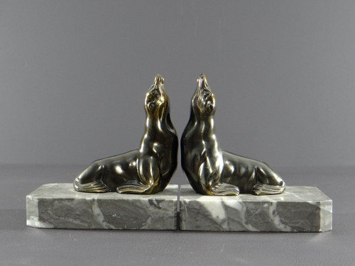France, Années 1930/1950, Paire De Serre-livres En Fonte D’art Figurant Des Otaries.
