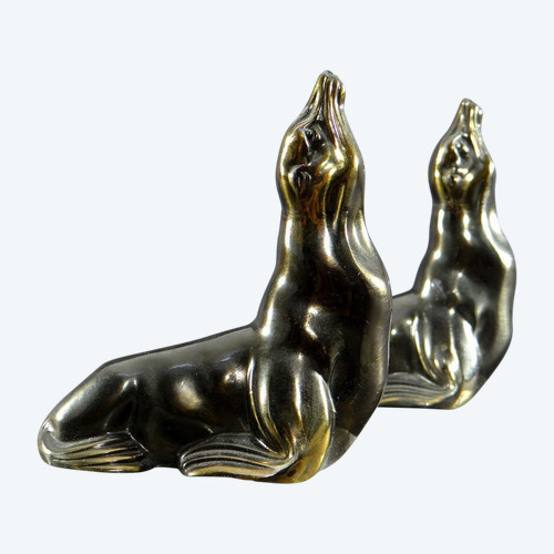 France, Années 1930/1950, Paire De Serre-livres En Fonte D’art Figurant Des Otaries.