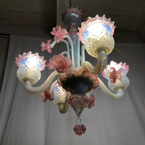 Milky white and pink Murano glass chandelier with four arms of light