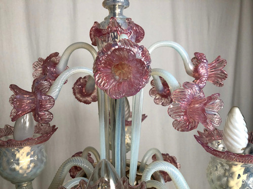 Milky white and pink Murano glass chandelier with four arms of light