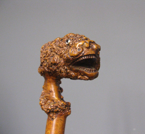 Canne En Racine Sculpté. Canne Art Populaire à Tête De Monstre.