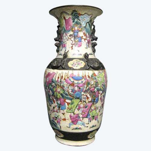 Große Chinesische Vase Aus Craquelé-Keramik Aus Nanjing 19. Familie Rose.