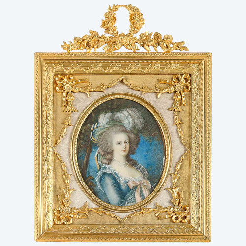 A beautiful ivory painting of Marie Antoinette in a late 19th century gilt bronze frame.