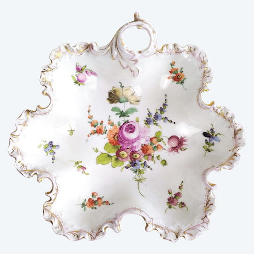 Hand Painted Fruit Bowl in Dresden Porcelain With Flowers and Gilted