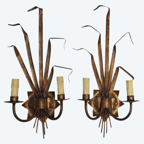 Pair of gilded metal sconces-Maison Ferrocolor circa 1960
