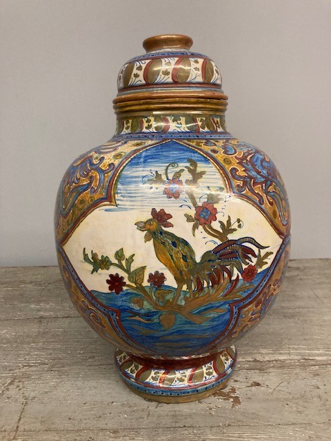 Ancient large Potiche Santarelli Gualto Tadino Liberty vase with Rooster Height 48 cm