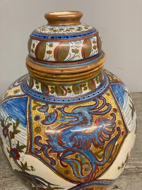 Ancient large Potiche Santarelli Gualto Tadino Liberty vase with Rooster Height 48 cm