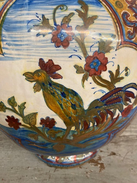 Ancient large Potiche Santarelli Gualto Tadino Liberty vase with Rooster Height 48 cm