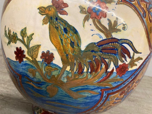 Ancient large Potiche Santarelli Gualto Tadino Liberty vase with Rooster Height 48 cm
